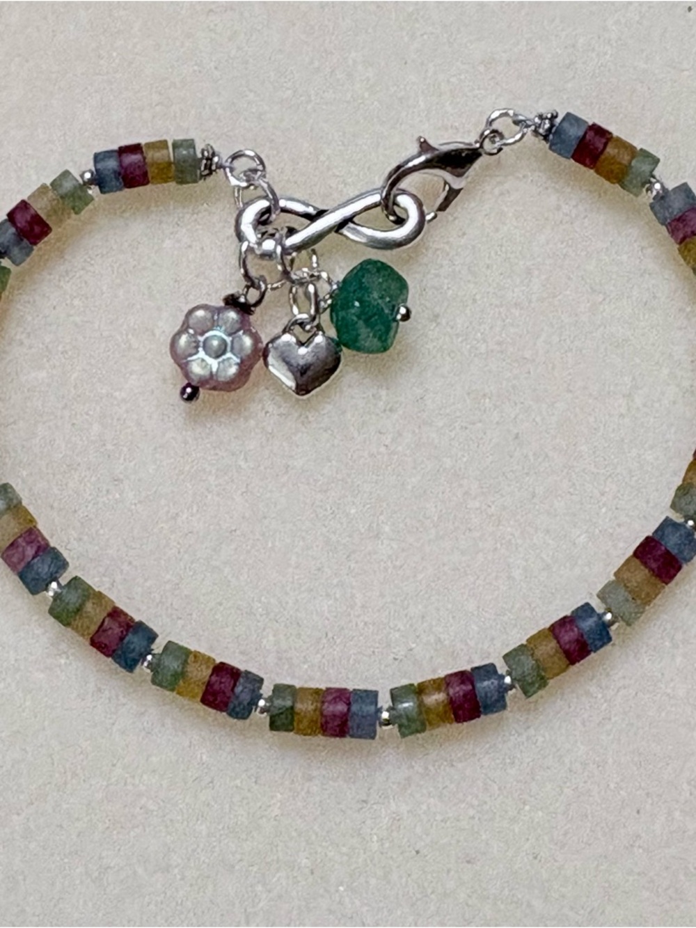 Multicolor Jade 8 inch Beaded Bracelet with Silver Charms